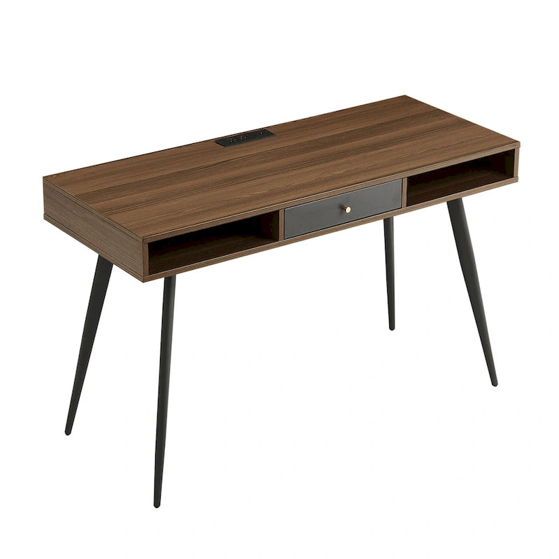 Mid Century Desk with USB Ports and Power Outlet, Modern Writing Study Desk with Drawers,Home Office Computer Desk