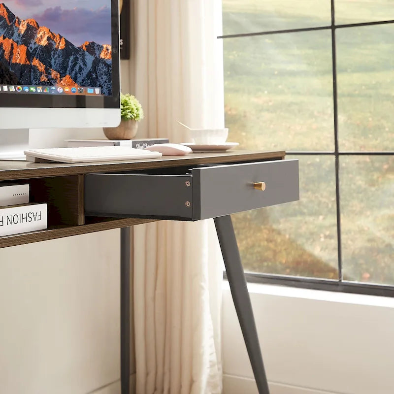 Mid Century Desk with USB Ports and Power Outlet, Modern Writing Study Desk with Drawers,Home Office Computer Desk