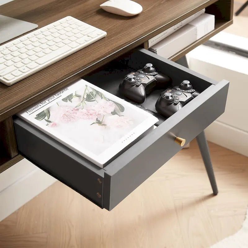 Mid Century Desk with USB Ports and Power Outlet, Modern Writing Study Desk with Drawers,Home Office Computer Desk