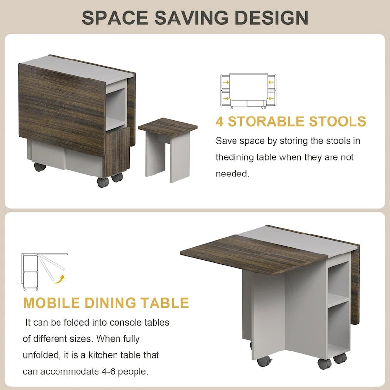 5 Pieces Rolling Wood Extendable Dining Table Set with 4 Chairs