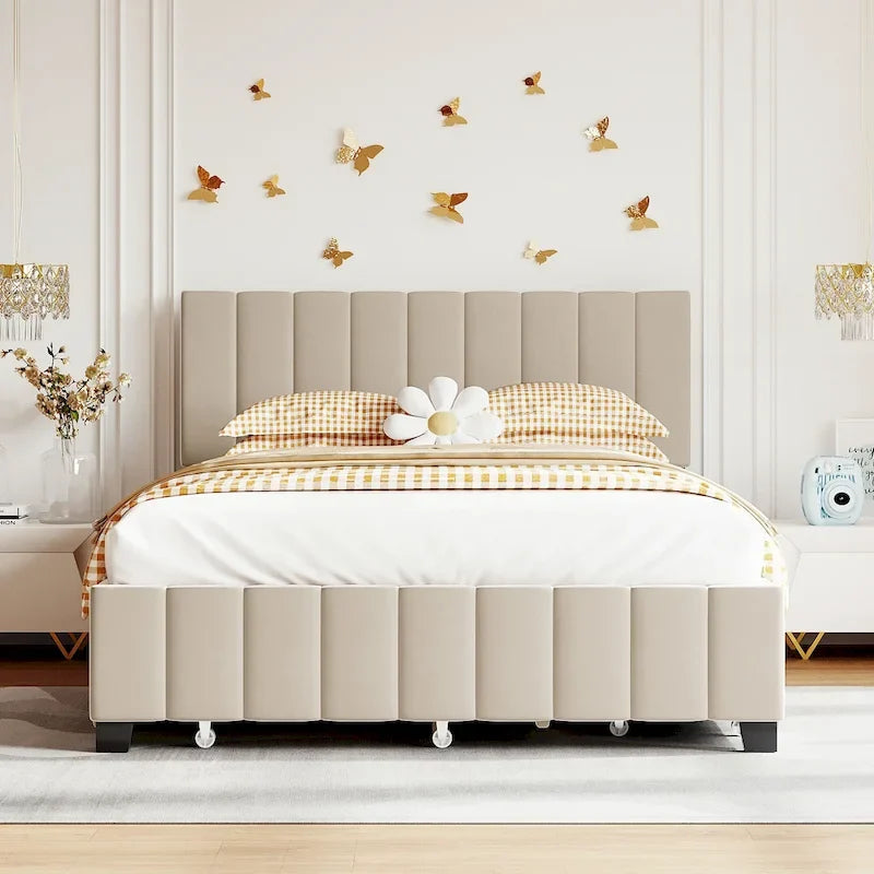 Queen Size Velvet Platform Bed with 1 Twin XL Trundle Upholstered Bed Frame and 2 Drawers Storage Bed No Box Spring Needed