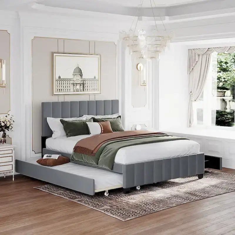 Queen Size Velvet Platform Bed with 1 Twin XL Trundle Upholstered Bed Frame and 2 Drawers Storage Bed No Box Spring Needed
