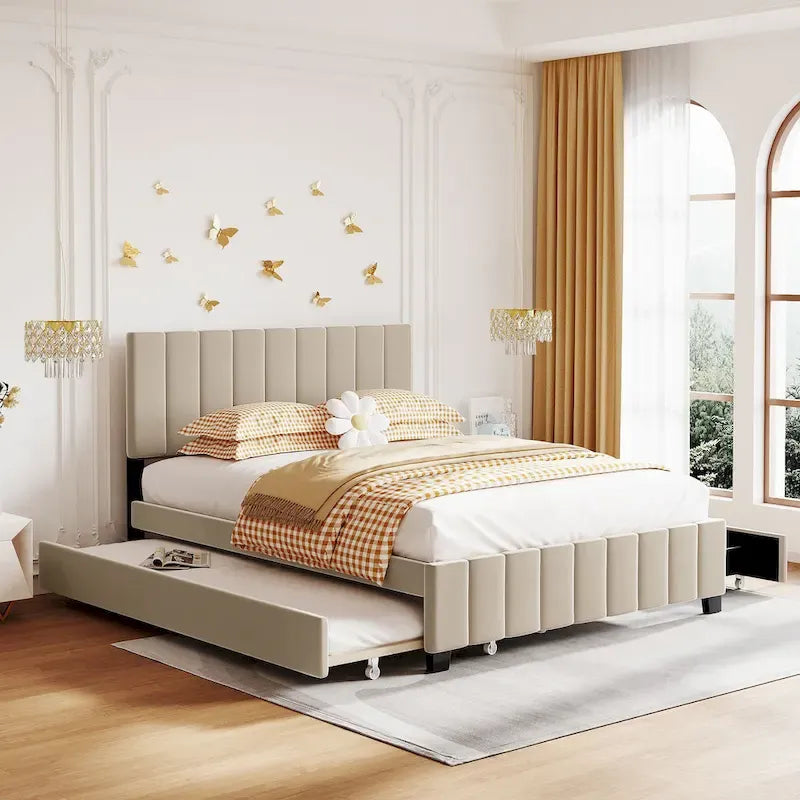 Queen Size Velvet Platform Bed with 1 Twin XL Trundle Upholstered Bed Frame and 2 Drawers Storage Bed No Box Spring Needed