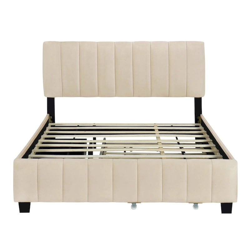Queen Size Velvet Platform Bed with 1 Twin XL Trundle Upholstered Bed Frame and 2 Drawers Storage Bed No Box Spring Needed