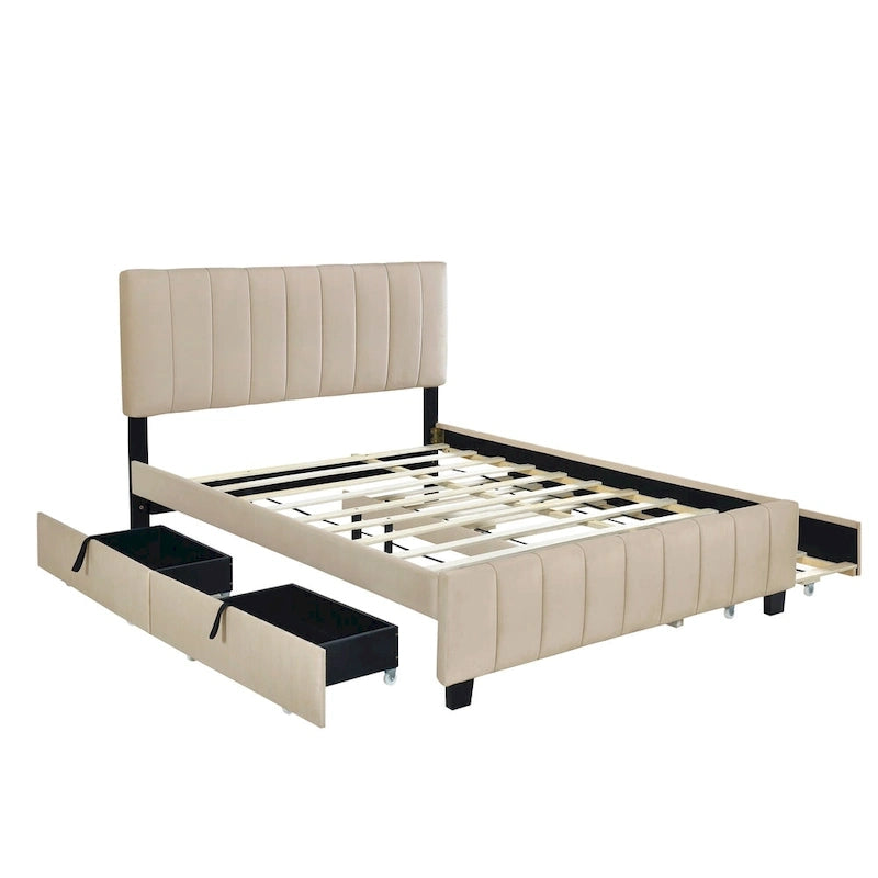 Queen Size Velvet Platform Bed with 1 Twin XL Trundle Upholstered Bed Frame and 2 Drawers Storage Bed No Box Spring Needed