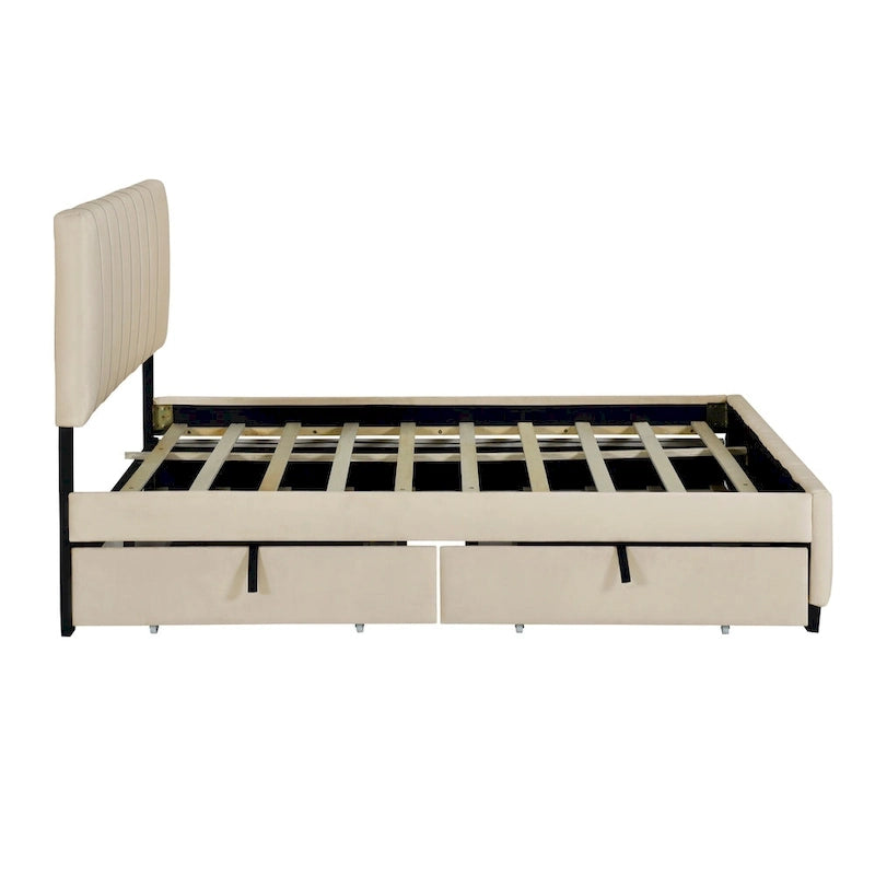 Queen Size Velvet Platform Bed with 1 Twin XL Trundle Upholstered Bed Frame and 2 Drawers Storage Bed No Box Spring Needed