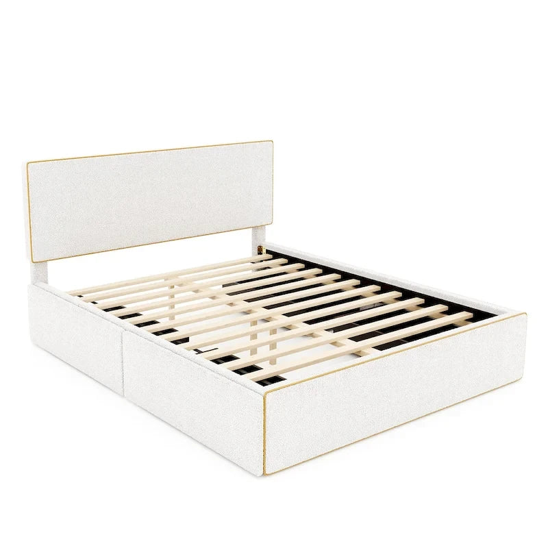 Comfy Queen Size Upholstered Platform Bed with 4 Drawers Ample Storage & Headboard, Footboard & Hidden Both Sides Drawers