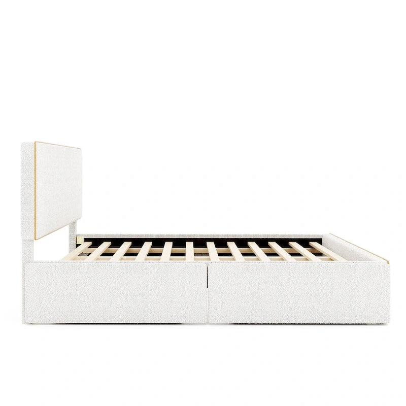 Comfy Queen Size Upholstered Platform Bed with 4 Drawers Ample Storage & Headboard, Footboard & Hidden Both Sides Drawers