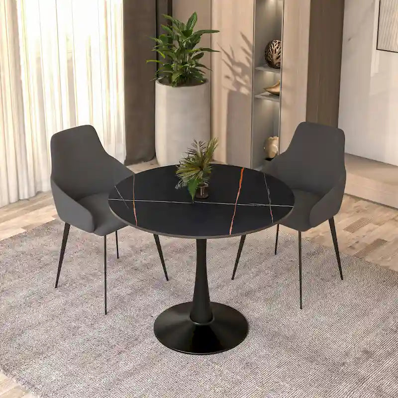 Bristol 32 Round Minimalist Dining Table for 4, Sintered Stone Top & Black Iron Pedestal Base for Kitchen & Dining Room