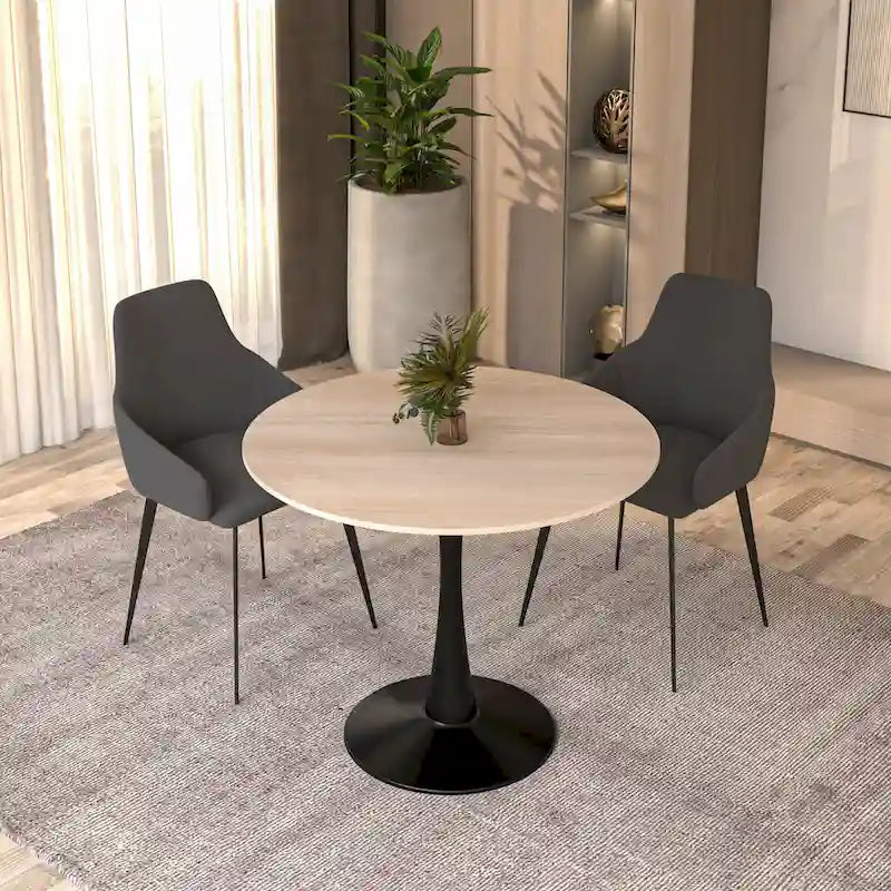 Bristol 32 Round Minimalist Dining Table for 4, Sintered Stone Top & Black Iron Pedestal Base for Kitchen & Dining Room