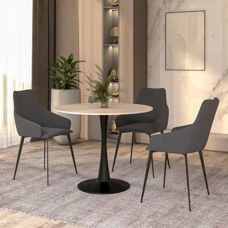 Bristol 32 Round Minimalist Dining Table for 4, Sintered Stone Top & Black Iron Pedestal Base for Kitchen & Dining Room