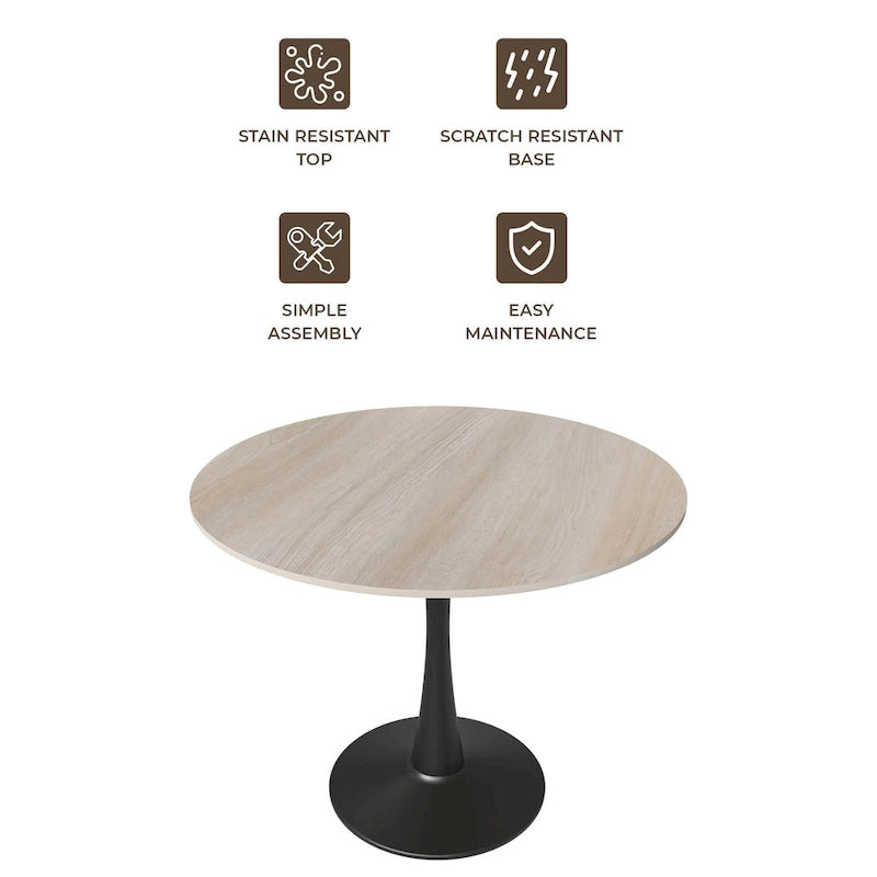 Bristol 32 Round Minimalist Dining Table for 4, Sintered Stone Top & Black Iron Pedestal Base for Kitchen & Dining Room