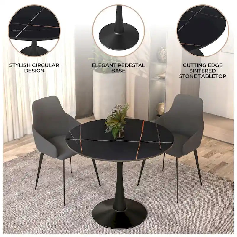 Bristol 32 Round Minimalist Dining Table for 4, Sintered Stone Top & Black Iron Pedestal Base for Kitchen & Dining Room