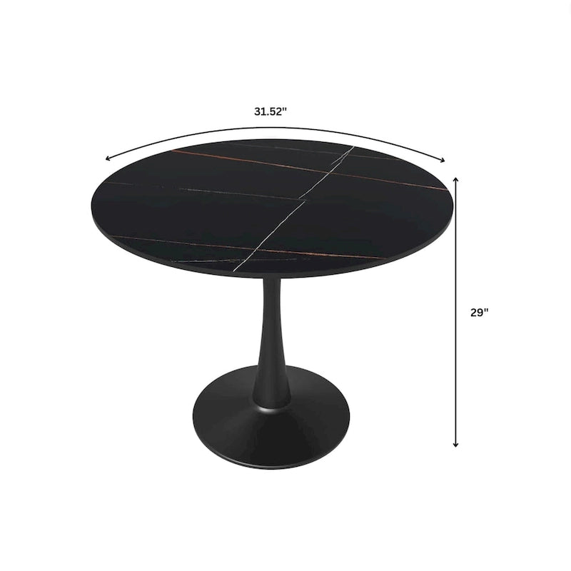 Bristol 32 Round Minimalist Dining Table for 4, Sintered Stone Top & Black Iron Pedestal Base for Kitchen & Dining Room