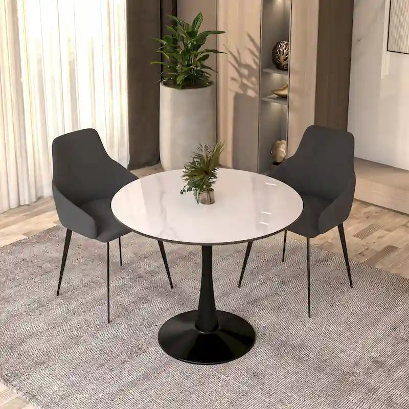 Bristol 32 Round Minimalist Dining Table for 4, Sintered Stone Top & Black Iron Pedestal Base for Kitchen & Dining Room