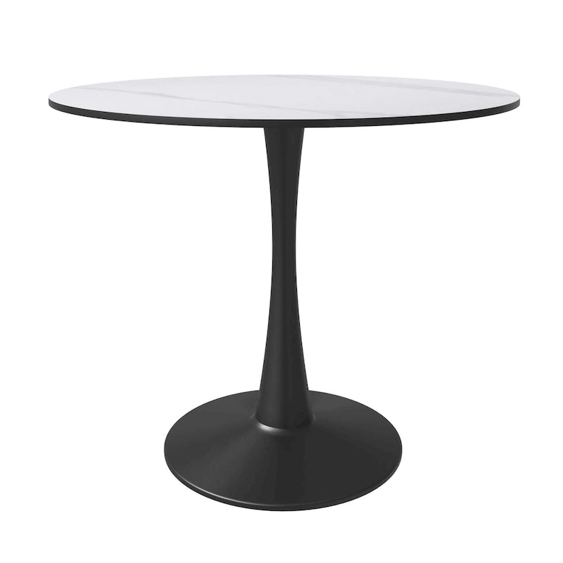 Bristol 32 Round Minimalist Dining Table for 4, Sintered Stone Top & Black Iron Pedestal Base for Kitchen & Dining Room