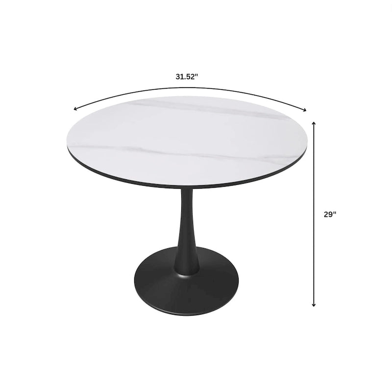 Bristol 32 Round Minimalist Dining Table for 4, Sintered Stone Top & Black Iron Pedestal Base for Kitchen & Dining Room