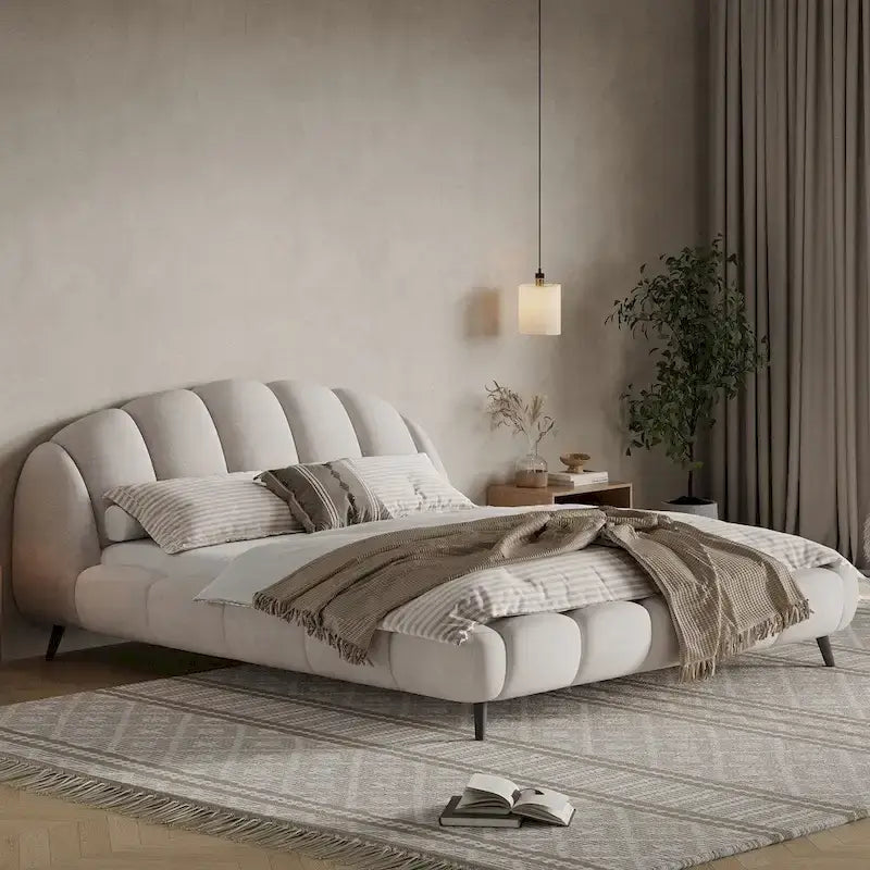 File Shell Beds King Size Chenille Upholstered Platform Bed Shell-Shape Design Beds ...