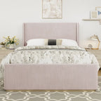 Roomfitters Queen/King Size Upholstered Bed, Corduroy Frame, Wingback Headboard, High Footboard, Light Grey