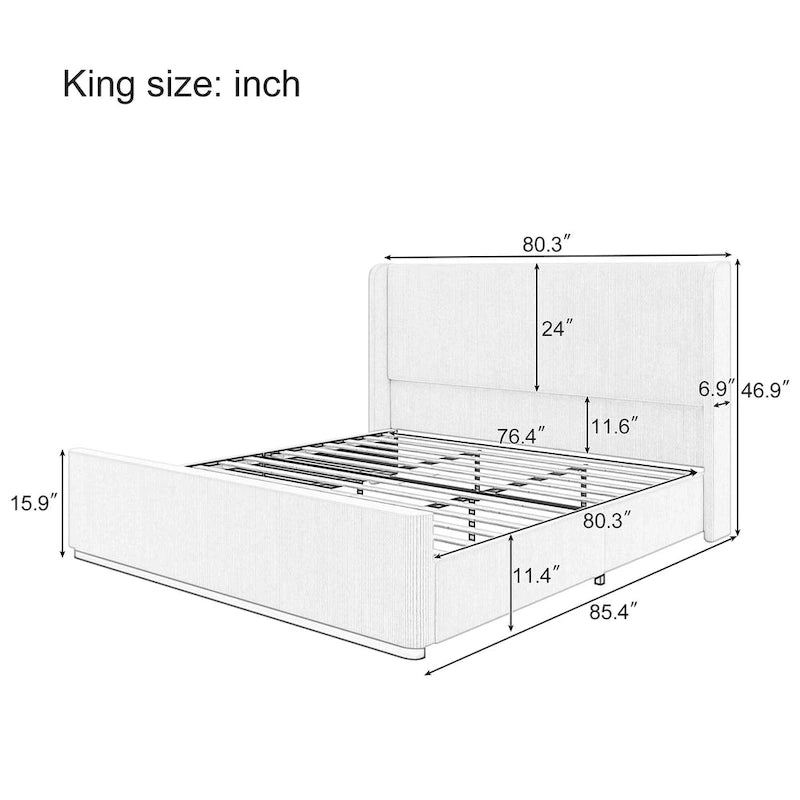 Roomfitters Queen/King Size Upholstered Bed, Corduroy Frame, Wingback Headboard, High Footboard, Light Grey