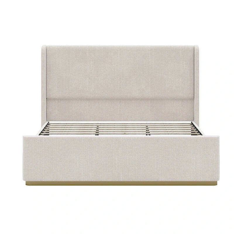 Roomfitters Queen/King Size Upholstered Bed, Corduroy Frame, Wingback Headboard, High Footboard, Light Grey