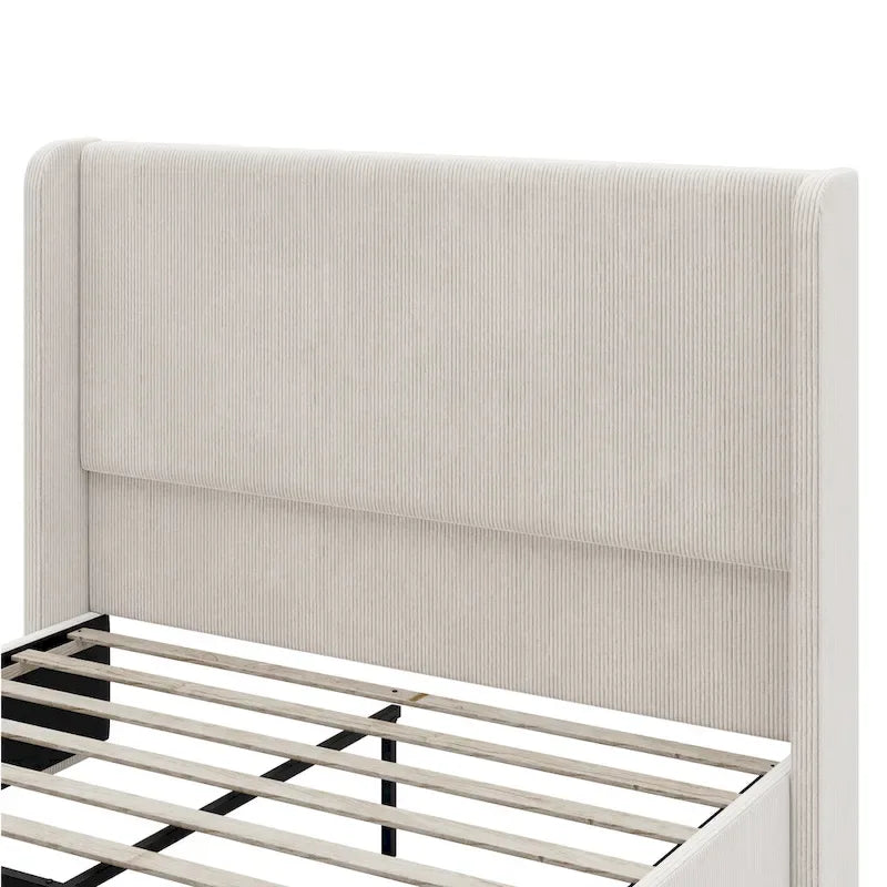 Roomfitters Queen/King Size Upholstered Bed, Corduroy Frame, Wingback Headboard, High Footboard, Light Grey