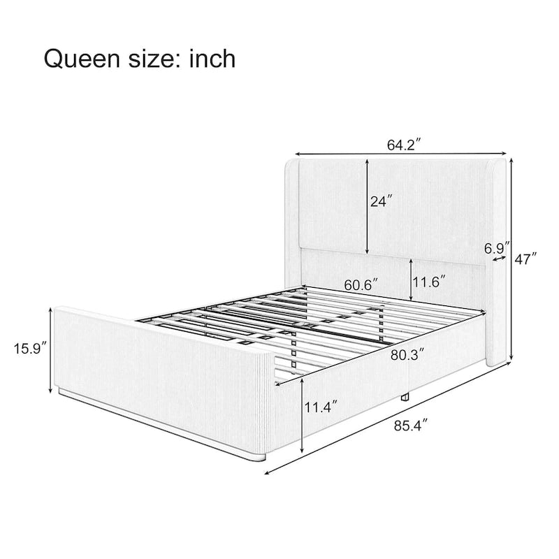 Roomfitters Queen/King Size Upholstered Bed, Corduroy Frame, Wingback Headboard, High Footboard, Light Grey