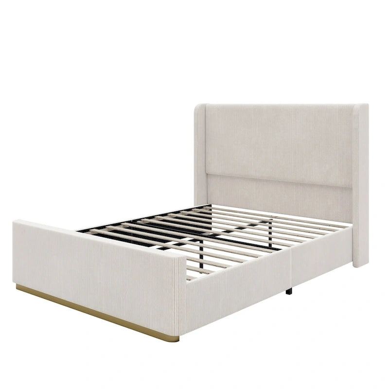 Roomfitters Queen/King Size Upholstered Bed, Corduroy Frame, Wingback Headboard, High Footboard, Light Grey