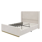 Roomfitters Queen/King Size Upholstered Bed, Corduroy Frame, Wingback Headboard, High Footboard, Light Grey