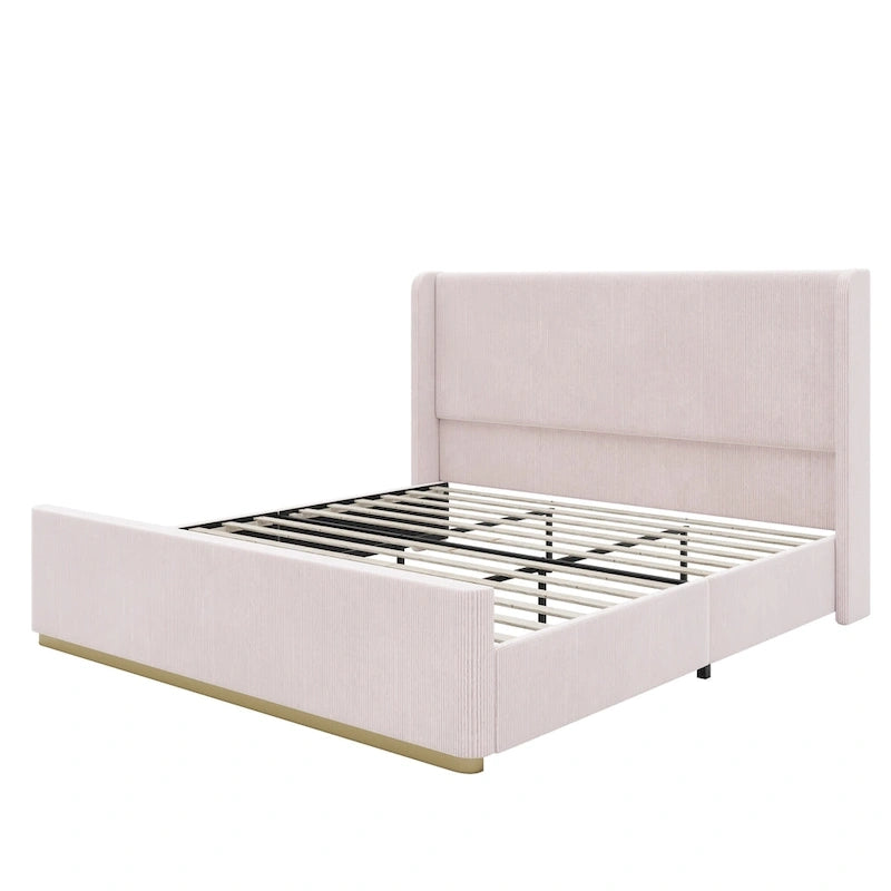 Roomfitters Queen/King Size Upholstered Bed, Corduroy Frame, Wingback Headboard, High Footboard, Light Grey