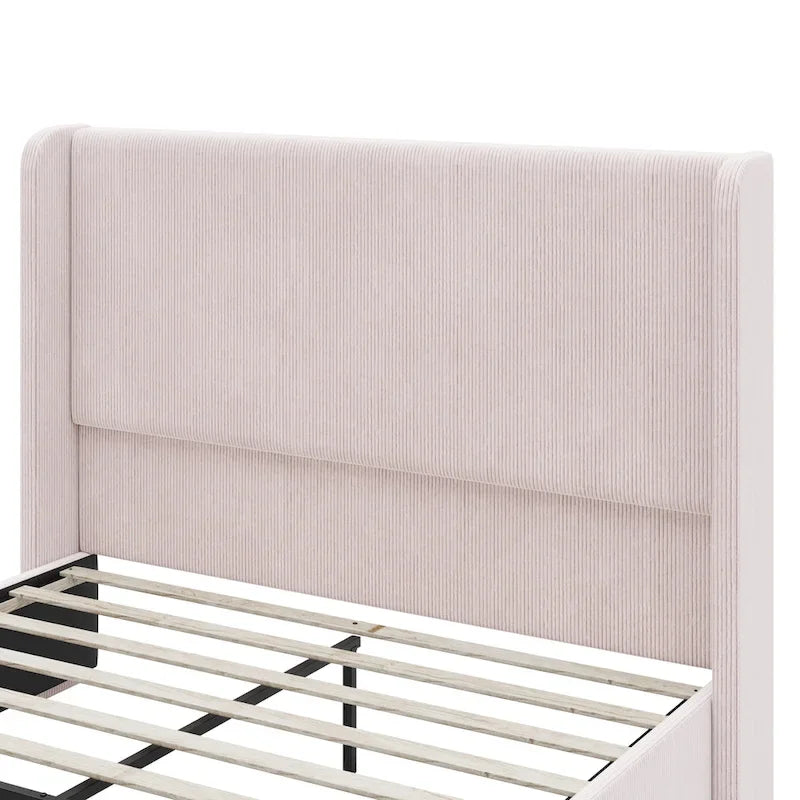 Roomfitters Queen/King Size Upholstered Bed, Corduroy Frame, Wingback Headboard, High Footboard, Light Grey