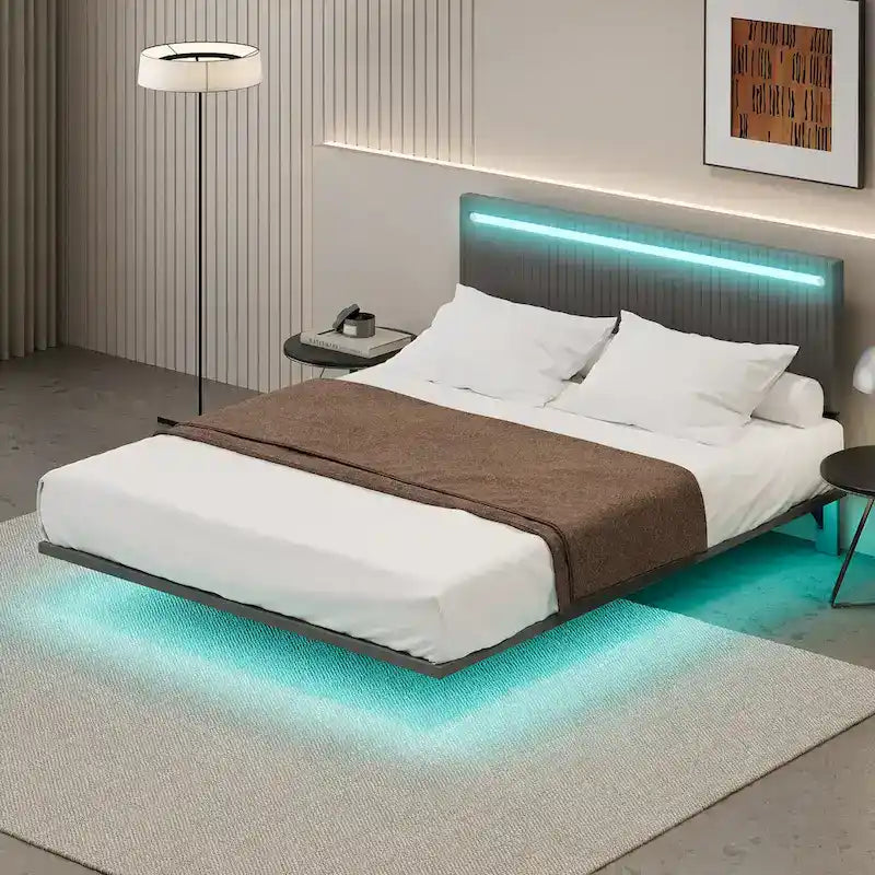 Roomfitters Full/Queen Size Floating Platform Bed Frame, Velvet Upholstery, Channel Tufted Headboard, No Box Spring Needed