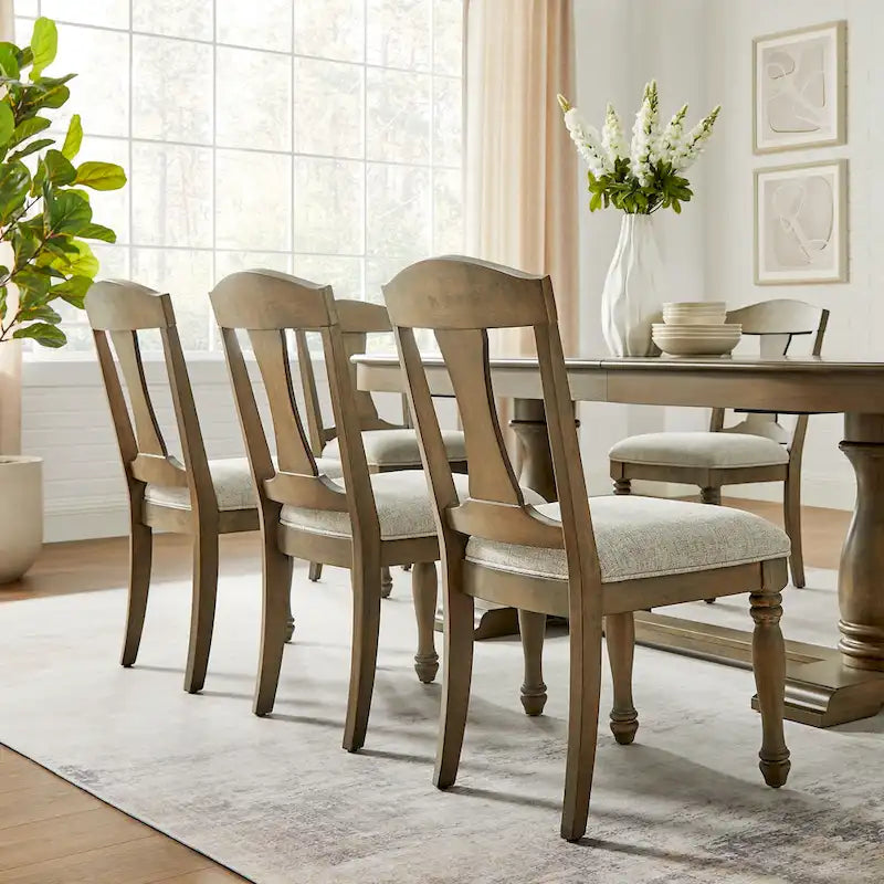 7 Pcs Solid Wood Dining Table Set, , Kitchen Extendable Dining Table Set with Curved Table and 6 Upholstered Chairs