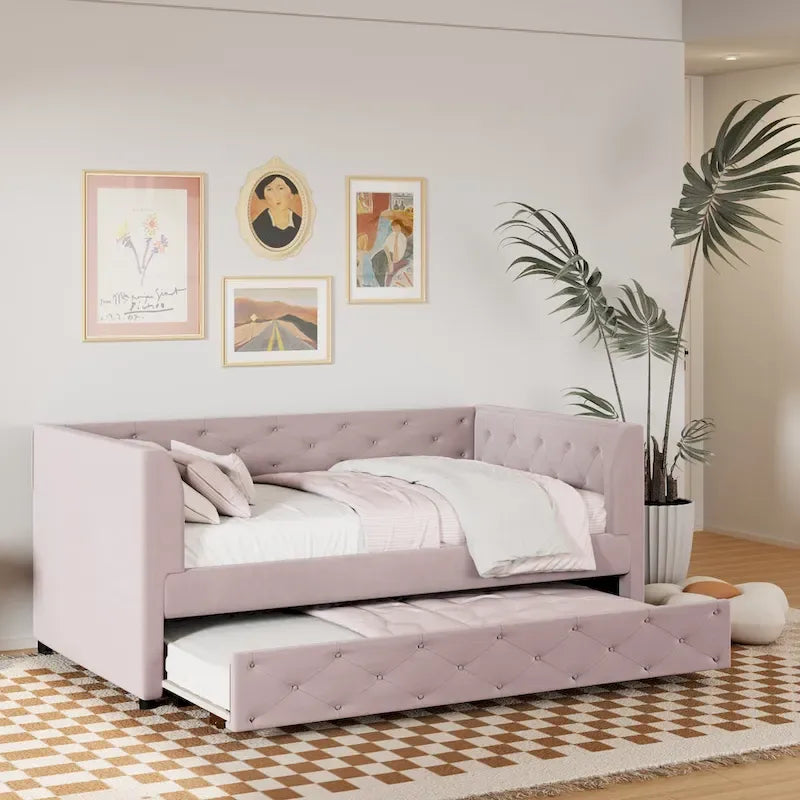 Twin Velvet Tufted Daybed with Trundle & Storage