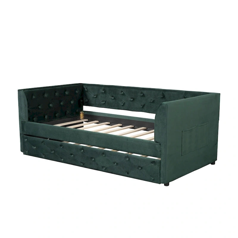 Twin Velvet Tufted Daybed with Trundle & Storage