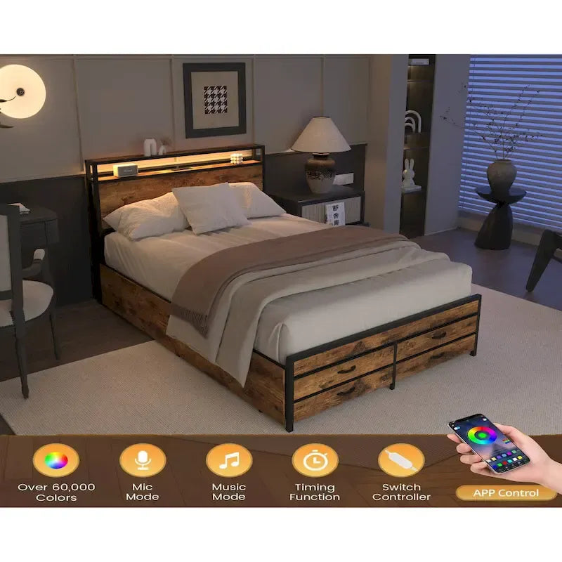 Full Size Storage Bed with LED Lights, Charging Station & 8 Drawers