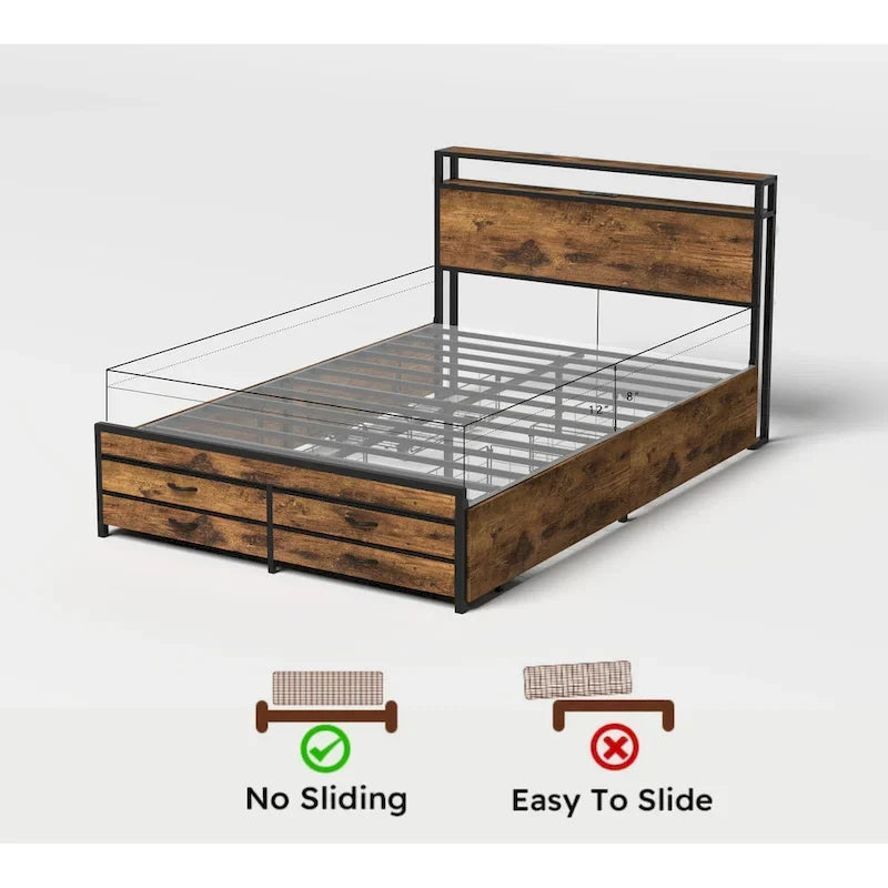 Full Size Storage Bed with LED Lights, Charging Station & 8 Drawers