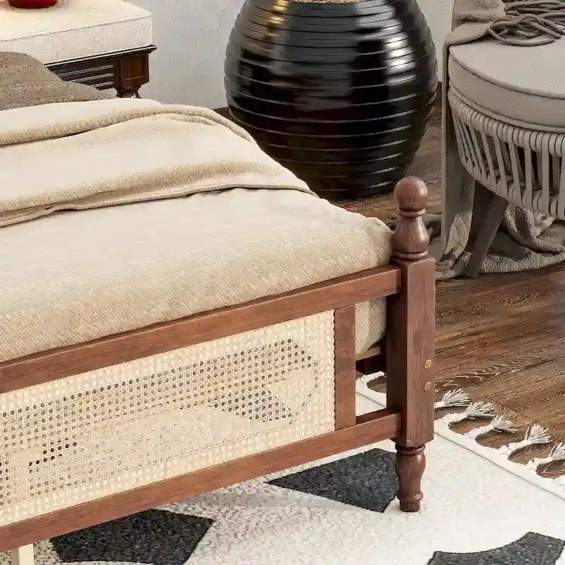 Wooden Bed with Rattan Headboard and Footboard, King Size Bed Low Profile Platform Bed with Central Enhanced Bed Platform