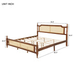 Wooden Bed with Rattan Headboard and Footboard, King Size Bed Low Profile Platform Bed with Central Enhanced Bed Platform