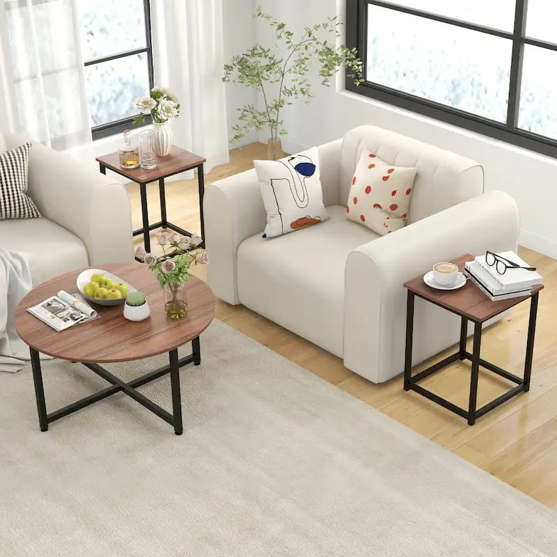 Costway 3 PCS Coffee Table Set Round Coffee Table and 2PCS Square End - See Details