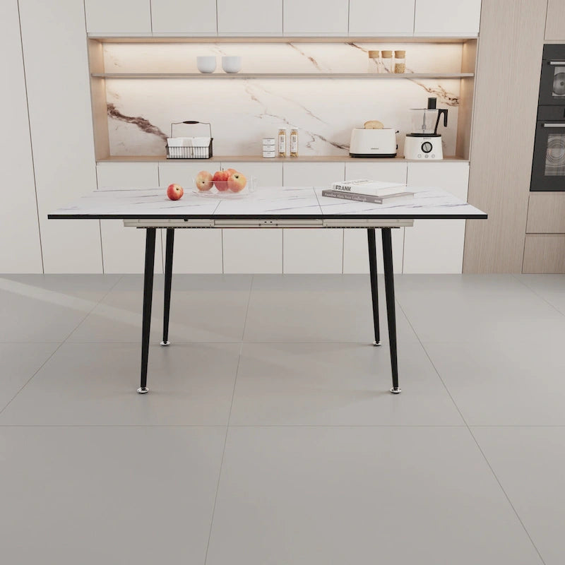 Modern Minimalist Dining Table with Extendable Marble Patterned Matte Legs for Kitchen Living Room or Gatherings
