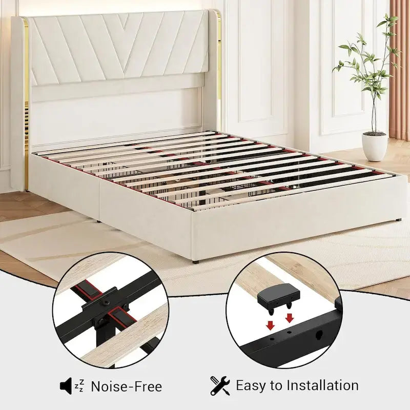 Upholstered Velvet Platform Bed Frame With Wingback Headboard and 4 Storage Drawers