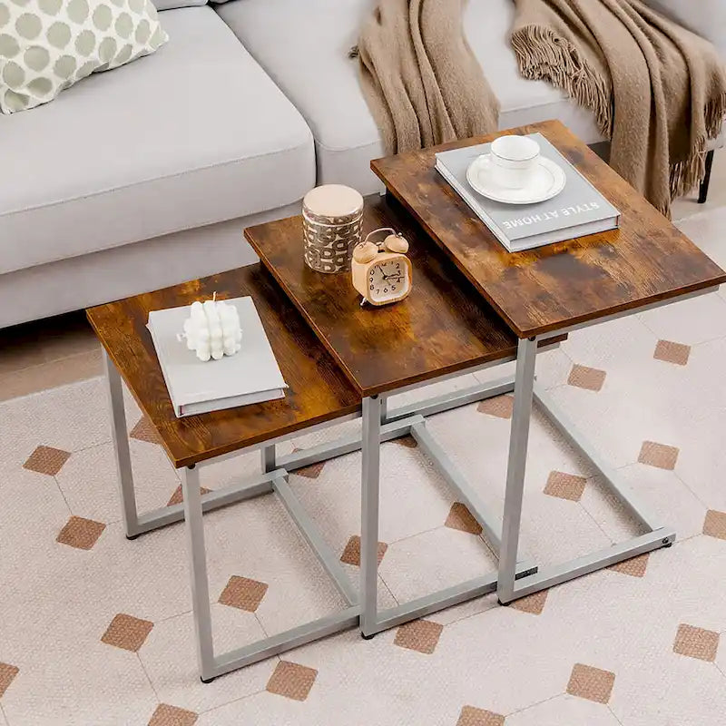 Gymax 3 Pcs Nesting Coffee End Table Set Stacking Side Nightstand