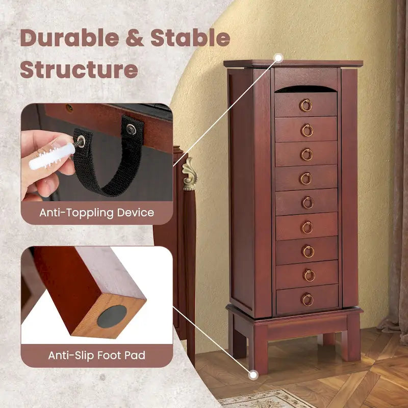 Costway Wood Jewelry Cabinet Armoire Storage Box Chest Stand Organizer - 10.5 X16 X40