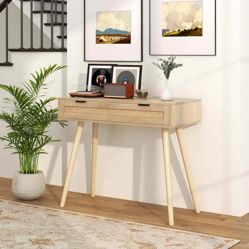 Costway Rattan Console Table with Pull-out Drawer Boho Style Entryway - See Details