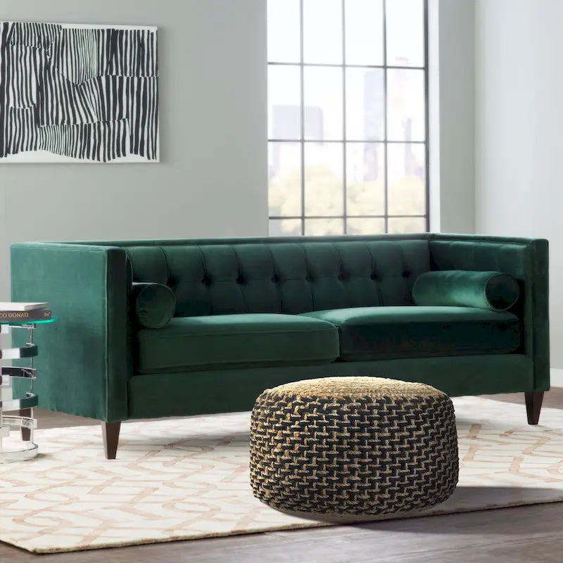 18 Brown and Black Braided Round Pouf Ottoman