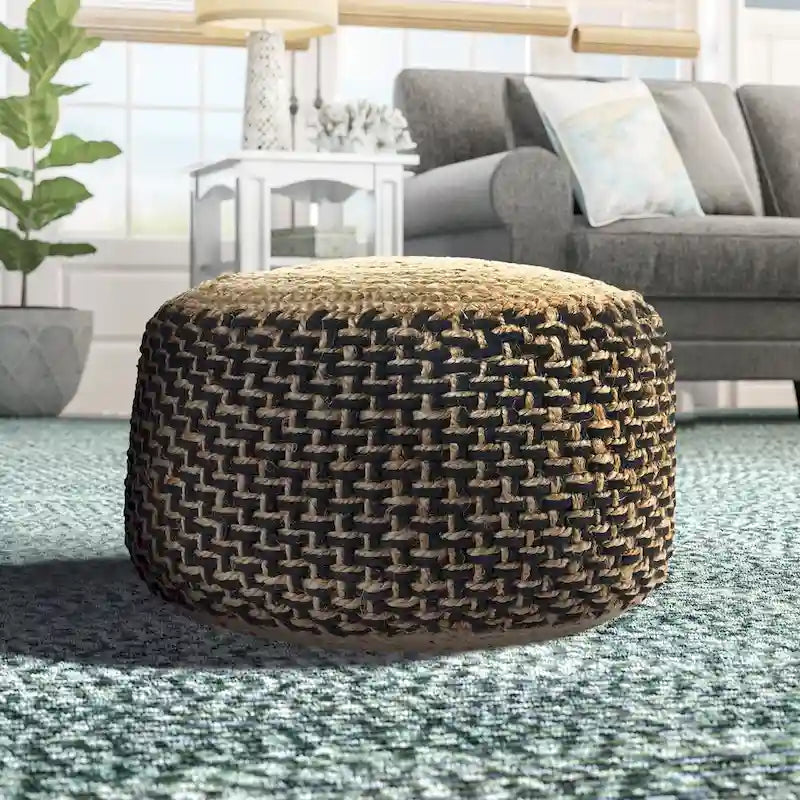 18 Brown and Black Braided Round Pouf Ottoman