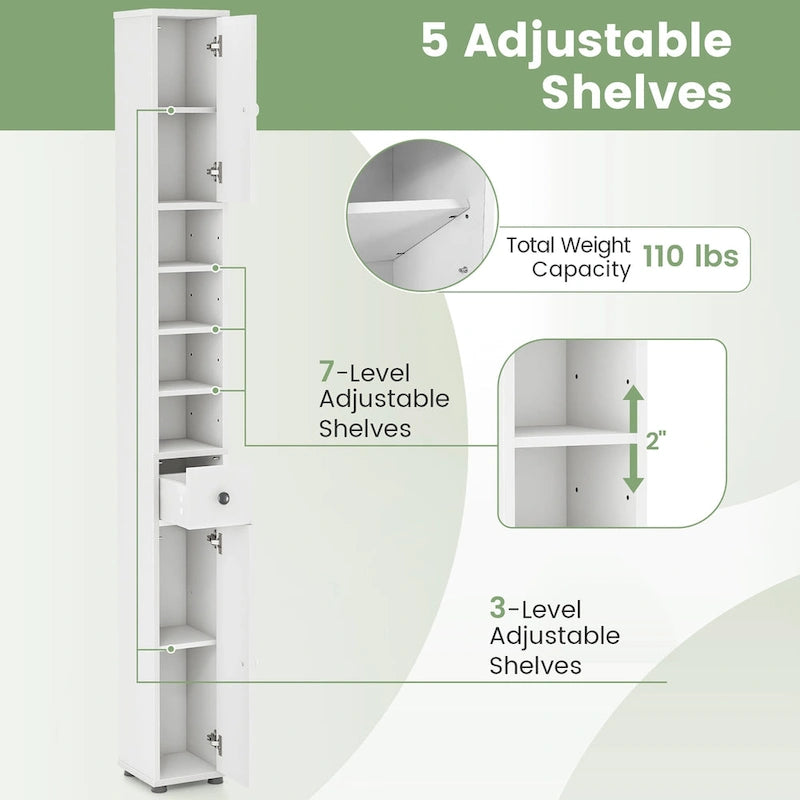 Gymax Tall Slim Bathroom Storage Cabinet Linen Tower w/ Drawer &