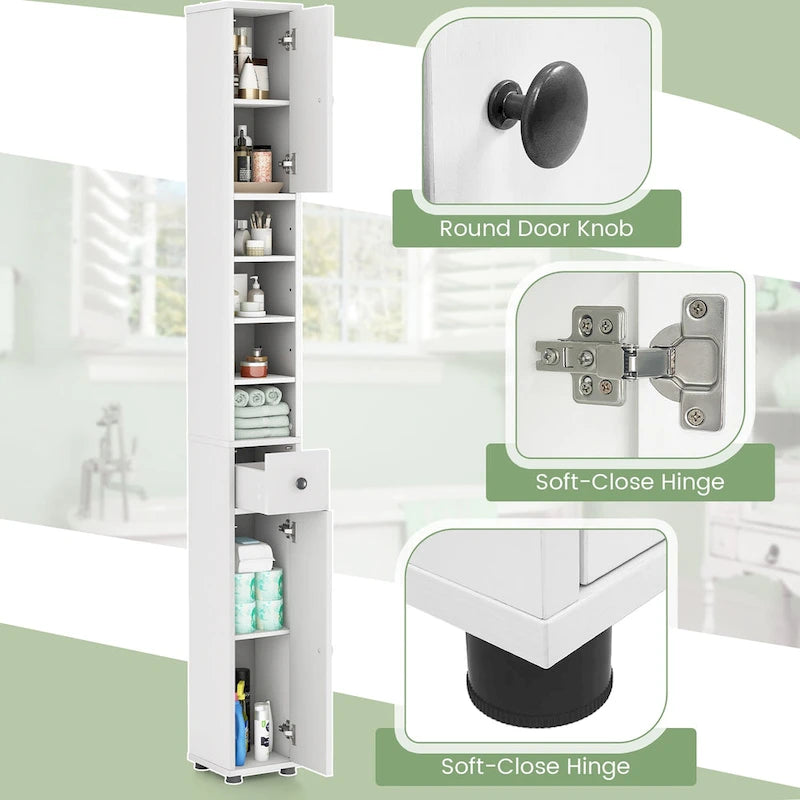Gymax Tall Slim Bathroom Storage Cabinet Linen Tower w/ Drawer &