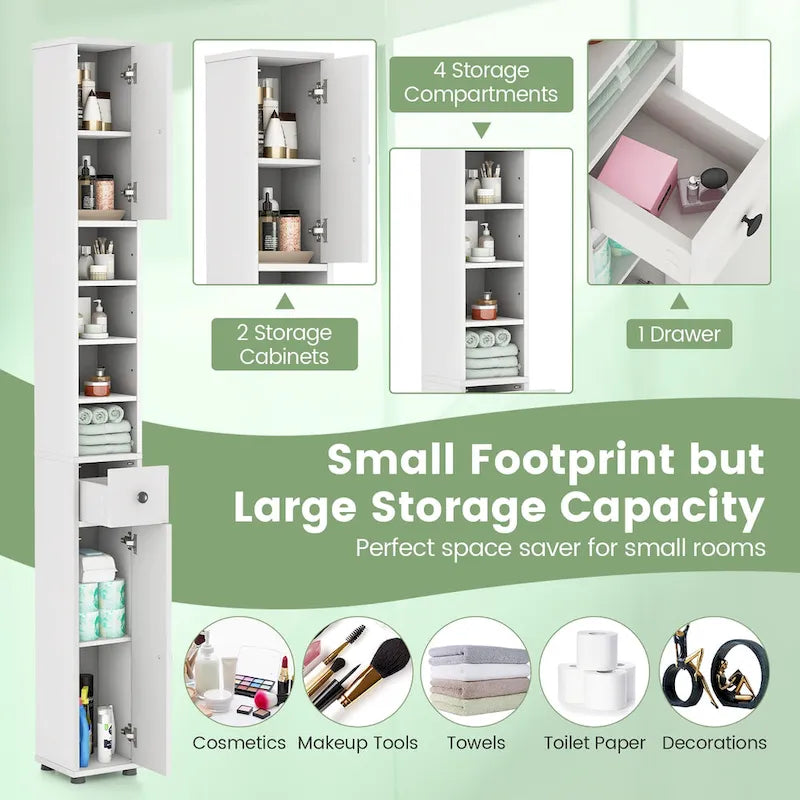 Gymax Tall Slim Bathroom Storage Cabinet Linen Tower w/ Drawer &